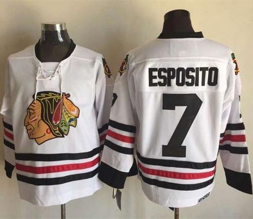 Blackhawks #7 Tony Esposito White CCM Throwback Stitched NHL Jersey - Click Image to Close